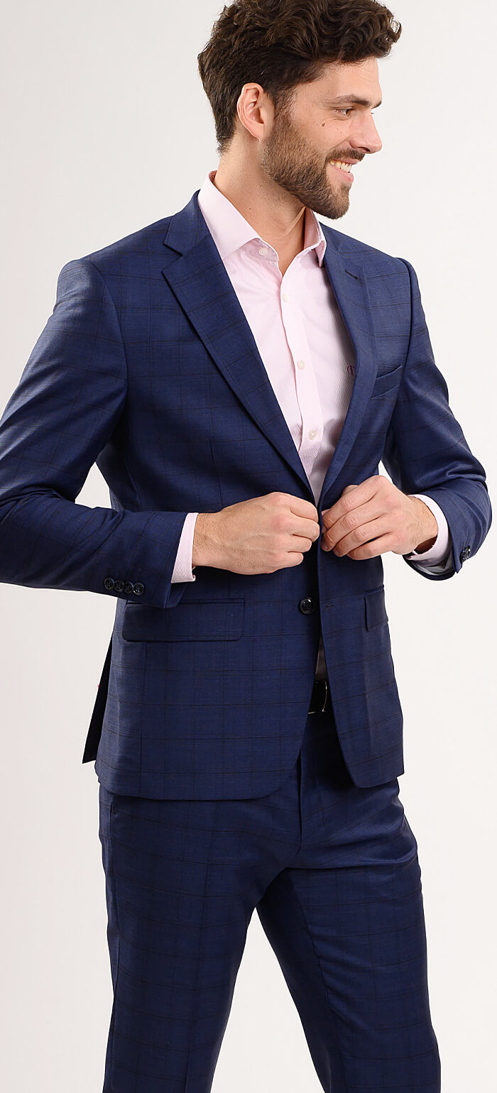 Tmavě modrý vlněný Slim Fit oblek s černým kárem